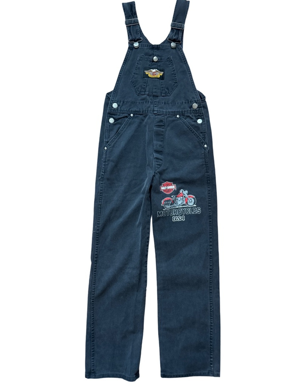Vintage Harley Davidson Girls Black Faded Bib‎ Overalls Size 12 USA Made Harley